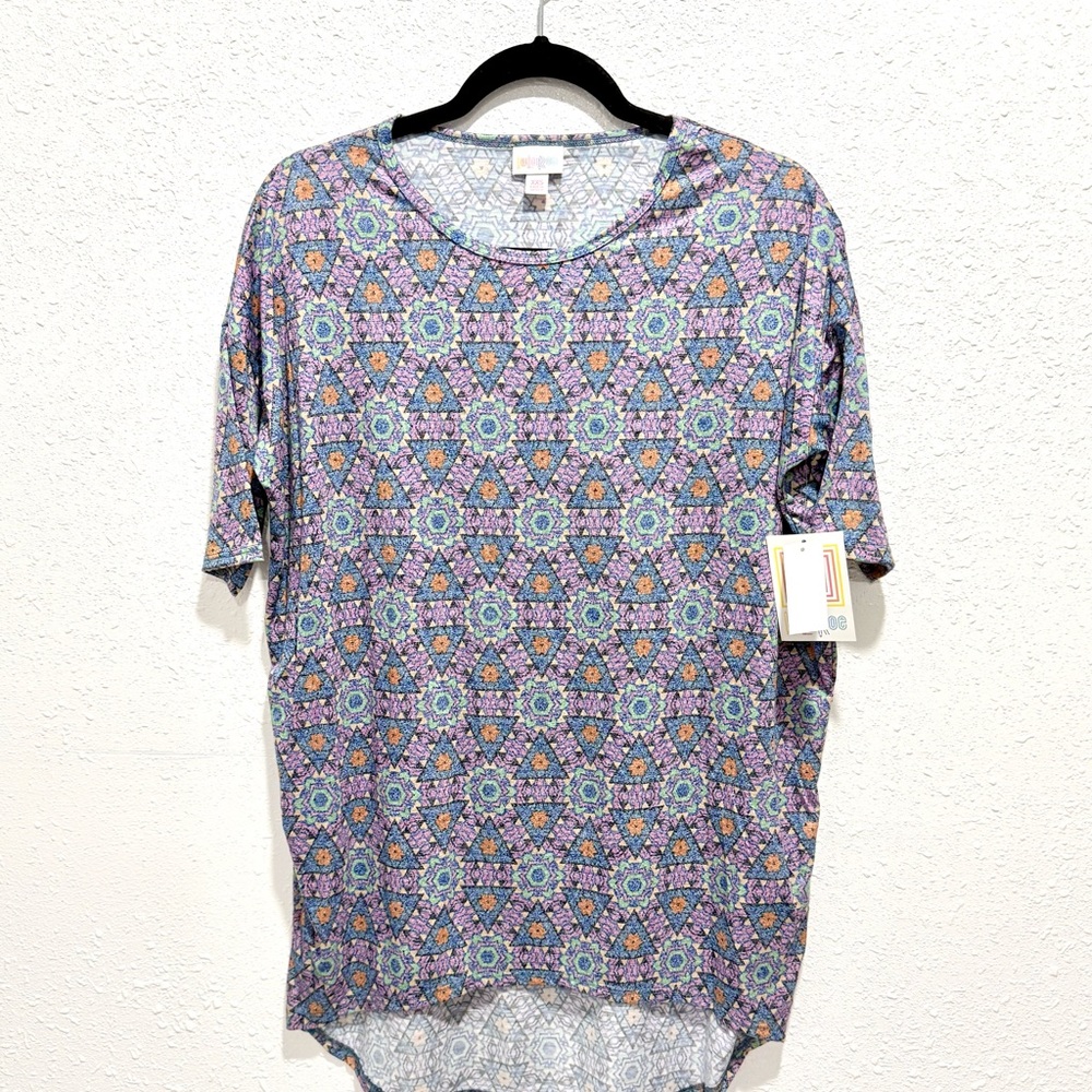 LuLaRoe Irma Multicolor Geometric Scoop-Neck Tunic Purple, Teal, Coral XXS